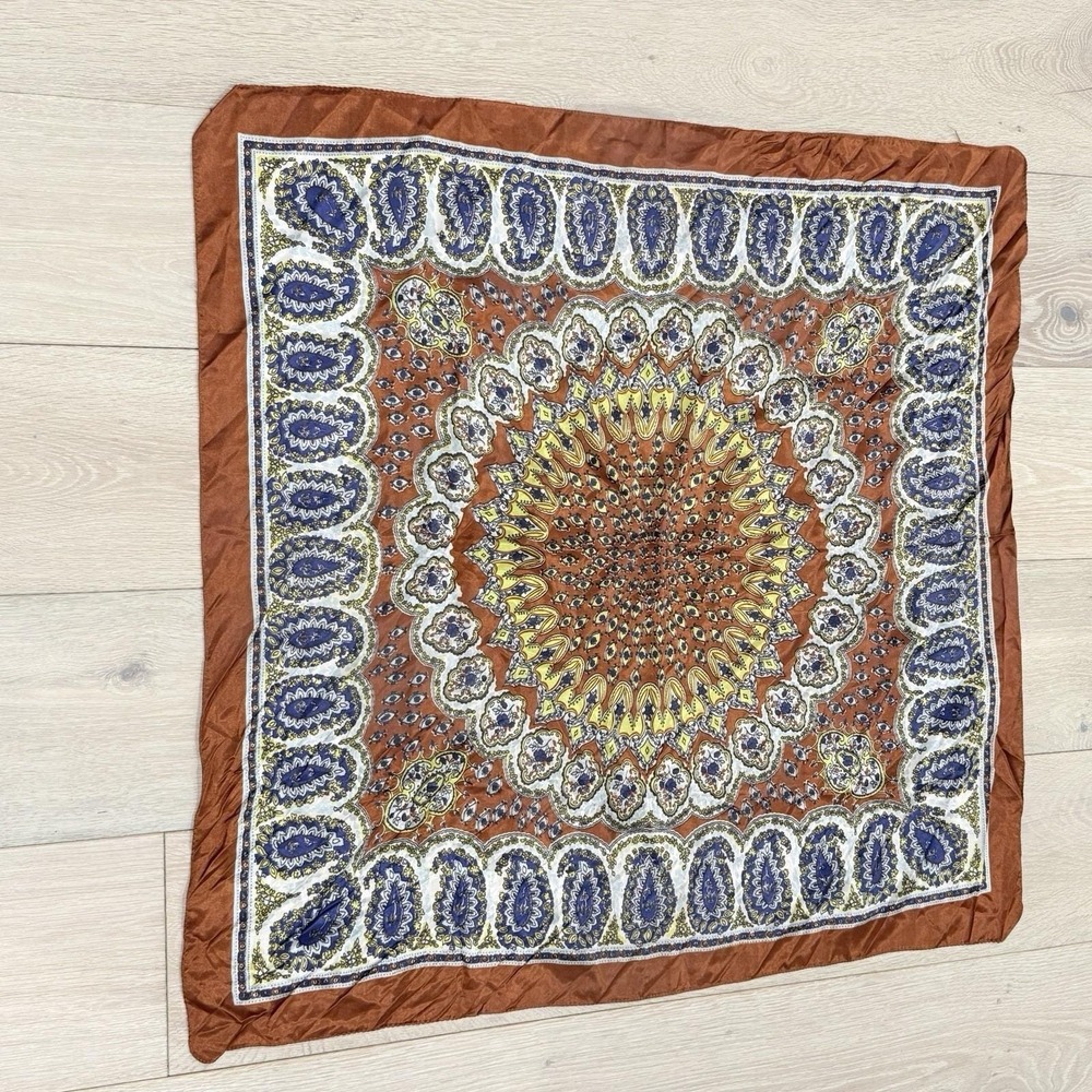 Vintage Paisley Mandala Pattern Scarf 31x36 Brown Yellow Blue